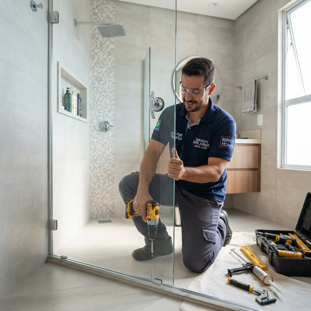 Técnico instalando um painel de vidro em um box residencial